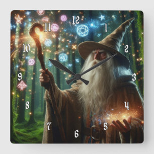 Sehr cooler und farbenfroher Zauberer beim Zaubern Quadratische Wanduhr