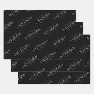 Sehr dunkelgraues und schwarzes Monogramm-Namensmu Geschenkpapier Set