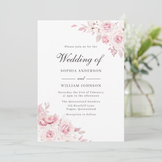 Sehr elegante Blush Pink Wasserfarben Blumenzehen Einladung (Stehend Vorderseite)