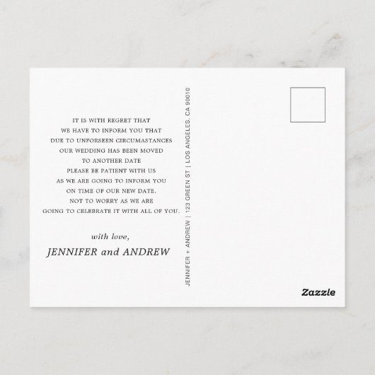 Sehr elegante Skriptänderung von Plänen Hochzeit Postkarte (Rückseite)