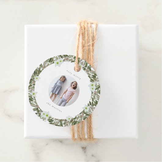 Sehr frohe Kiefer und blumige Winterkränze Weihnac Geschenkanhänger (Beispiel)