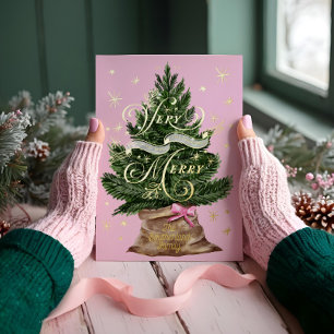 Sehr fröhlicher Retro-Vintage-Rosa-Weihnachtsbaum- Folien Feiertagskarte