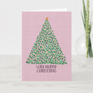 Sehr fröhlicher Weihnachtsbaum auf rosa Karte