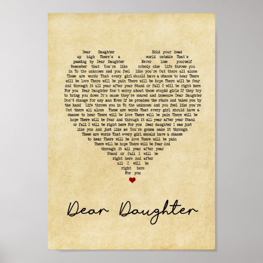 Sehr geehrte Tochter Vintag Heart Song Lyric Print Poster (Vorne)