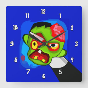 Sehr lustiger Cartoon Zombie mit Stift durch das A Quadratische Wanduhr