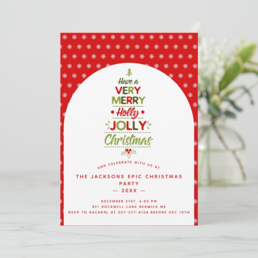 Sehr Merry Holly Jolly Weihnachtsbaum Custom Text Einladung (Stehend Vorderseite)