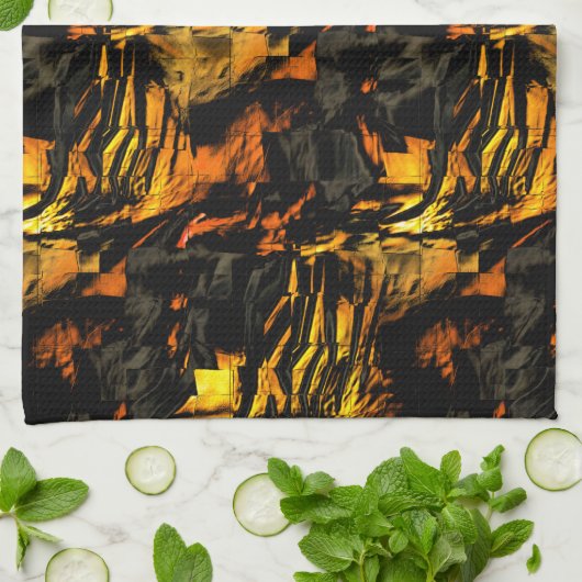 Sehr rustikal verbrannt goldfarbenes, abstraktes M Geschirrtuch (Gefaltet)