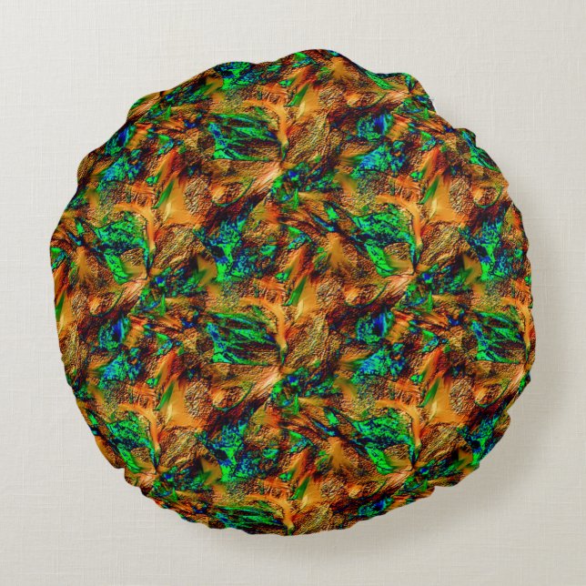 Sehr rustikales Gestein in gebranntem Gelb mit grü Rundes Kissen (Rückseite)