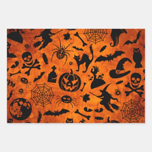 Sehr schöne Halloween-Hexe, Schwarze Katze, Kürbis Geschenkpapier Set (Vorderseite)