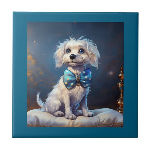 Sehr süßer kleiner Hund mit blauer Fliege Fliese (Vorderseite)