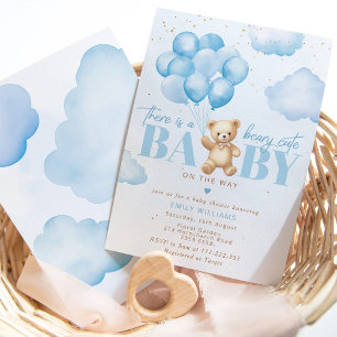 Sehr süßes Baby auf dem Weg blaue Teddybär-Ballon Einladung