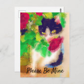 Sei bitte meins, Katze mit Rote Rose Valentine Postkarte (Vorne/Hinten)