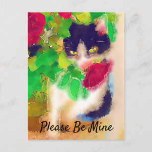 Sei bitte meins, Katze mit Rote Rose Valentine Postkarte