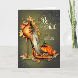 Sei böser Halloween-Hochhackiger mit Herbstlaub Feiertagskarte