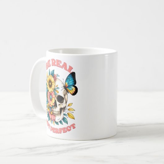"Sei echt nicht perfekt" Blumenschädel Kaffeetasse (Vorderseite Links)