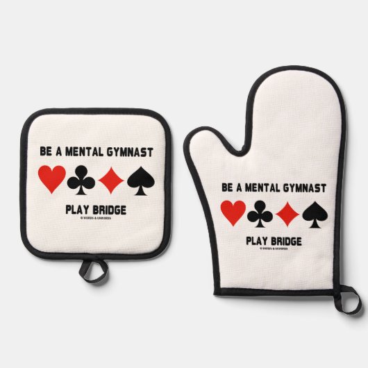 Sei ein Mental Gymnast Play Bridge Vier-Card-Anzug Ofenhandschuh & Topflappen-Set (Vorderseite)
