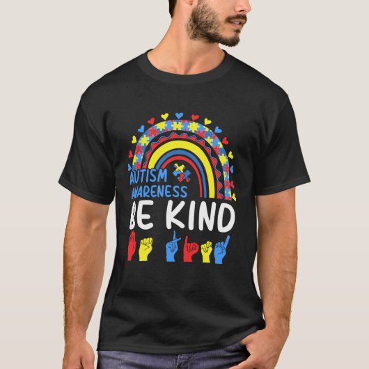 Sei freundlich Handzeichen Regenbogen Autismus-Bew T-Shirt (Vorderseite)