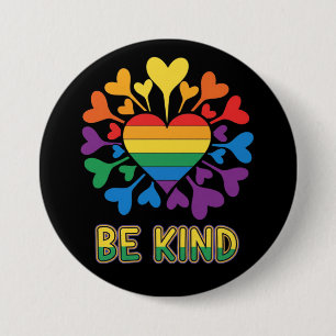 Sei freundlich lebendige Gay Pride-Flagge Herzen Button