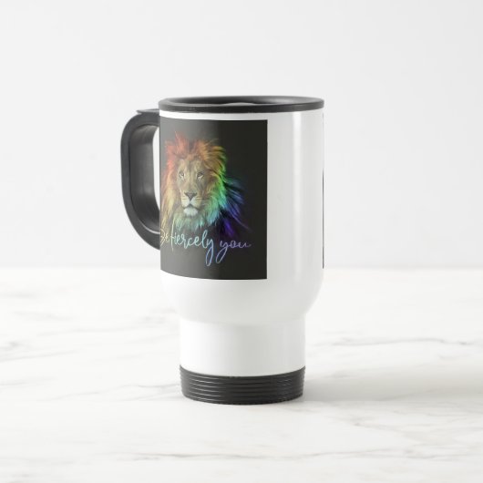 "Sei fröhlich du" Reisecoffee Mug. Reisebecher (Vorderseite Links)