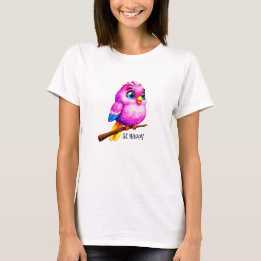 Sei glücklich: Der fröhliche rosa Vogel T-Shirt (Vorderseite)