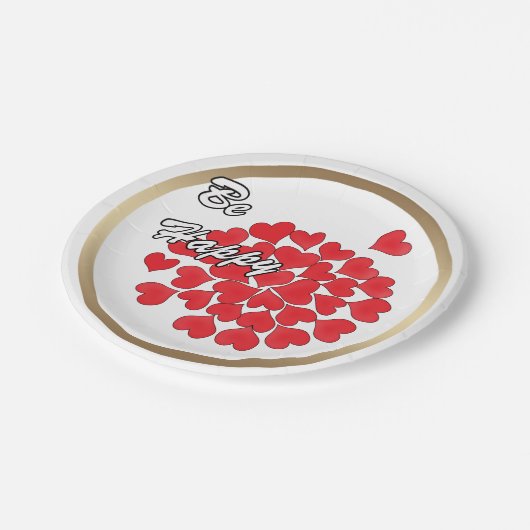 Sei glücklich, elegant, Liebe, rotes Herz Pappteller (Schrägansicht)