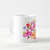 Sei glücklich – Farbige Blumen und Schmetterlinge Kaffeetasse (Vorderseite Links)