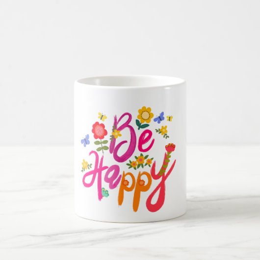 Sei glücklich – Farbige Blumen und Schmetterlinge Kaffeetasse (Mittel)