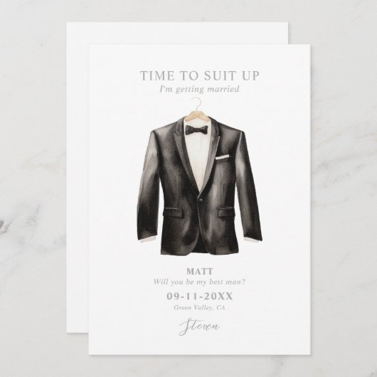 Sei mein Trauzeuge Wasserfarbe Schwarz & Weiß Tuxe Einladung (Vorne/Hinten)