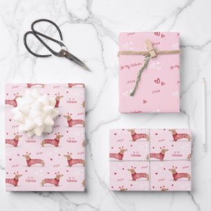 Sei mein Valentine, Aquarell Dackel Hund rosa Geschenkpapier Set