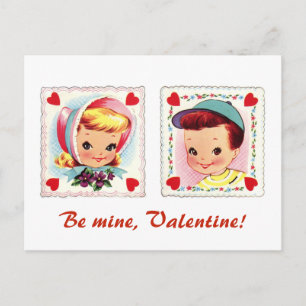 Sei mein Valentine Retro Niedlicher Junge und Mädc Feiertagspostkarte