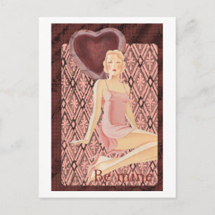 Sei mein Valentins- art deco-Frau rotes Kleid Herz Feiertagspostkarte