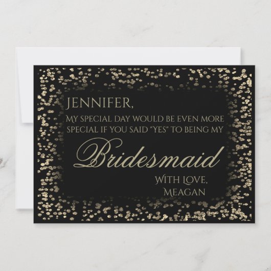 Sei meine Bridesmaid | Black and Gold Confetti Einladung (Vorderseite)