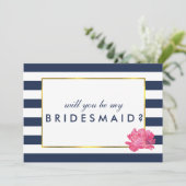Sei meine Bridesmaid-Karte | Navy Strip & Pink Peo Einladung (Stehend Vorderseite)