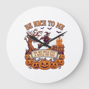 Sei nett, ich Halloween-Hexe Besen Kürbisse_1 Große Wanduhr
