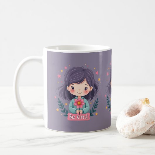 Sei nettes Niedliches Mädchen mit Blume-positiver Kaffeetasse (Mit Donut)