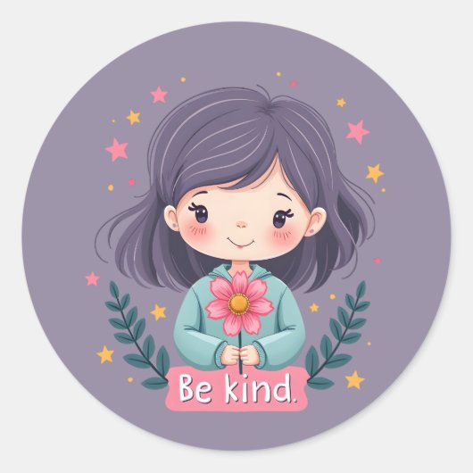 Sei nettes Niedliches Mädchen mit Blume-positiver Runder Aufkleber (Vorderseite)