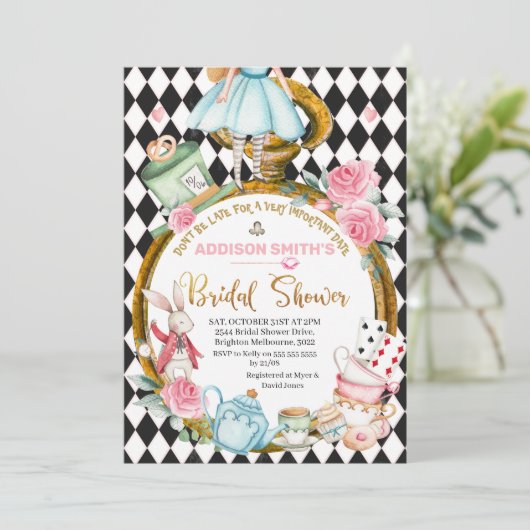 Sei nicht zu spät in der Alice im Wunderland Braut Einladung (Stehend Vorderseite)