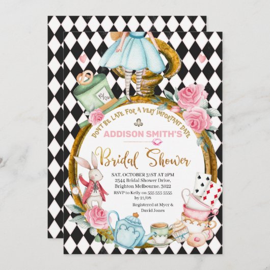 Sei nicht zu spät in der Alice im Wunderland Braut Einladung (Vorne/Hinten)