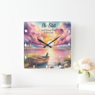 Sei noch Sunset Lake Boat Quadratische Wanduhr