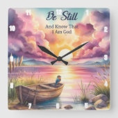 Sei noch Sunset Lake Boat Quadratische Wanduhr (Vorderseite)