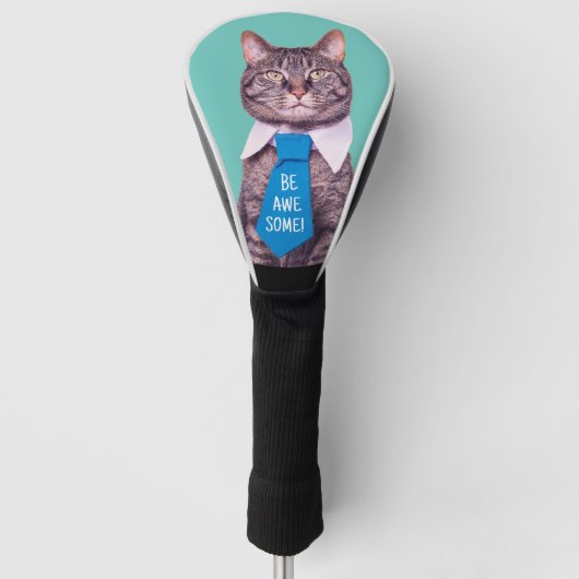"Sei PHANTASTISCH!" Katze in blauer Krawatte, Aqua Golf Headcover (Vorderseite)
