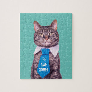 "Sei PHANTASTISCH!" Katze in blauer Krawatte, Aqua Puzzle