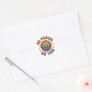 Sei stolz, sei du selbst – Retro-Regenbogen-Blumen Runder Aufkleber