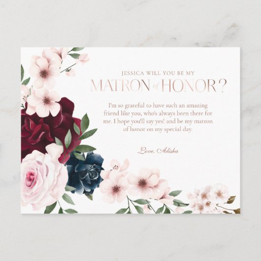 Seid meine Ehrenmatrone? Burgundy Navy Florals Fot Einladungspostkarte (Rückseite)