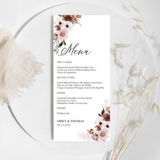 Seidenflorale Hochzeitsmenü Menükarte