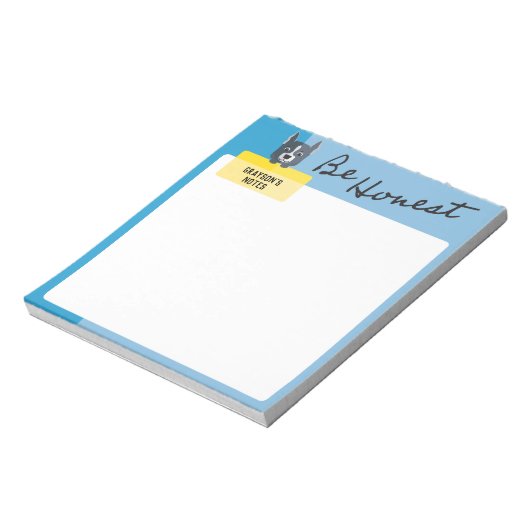 Seien Sie ehrlich Slate Blue Dog hält eine persönl Notizblock (Rotiert)