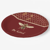 Seien Sie freundlich Bee und Honeycomb auf Burgund Pappteller (Schrägansicht)