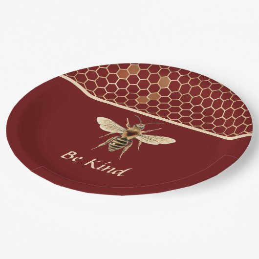 Seien Sie freundlich Bee und Honeycomb auf Burgund Pappteller (Schrägansicht)