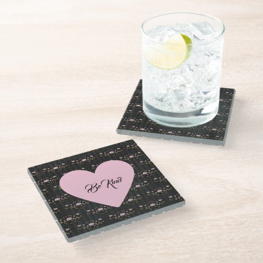 Seien Sie freundlich rosa Herz auf winzigen Rose u Glasuntersetzer (Schrägansicht)