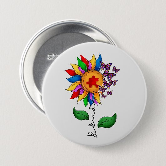 Seien Sie freundlich Sonnenblumen- Autismus-Bewuss Button (Vorne & Hinten)